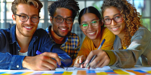 Casual meeting of smiling diverse business team analyzing financial data