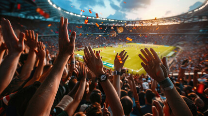 Crowd of Football Enthusiasts Cheering and Clapping in Stadium