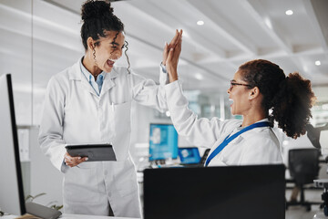 Teamwork, technology and high five in laboratory for success, innovation or analysis. Collaboration, achievement and women in clinic or hospital for research, advice and career development in science