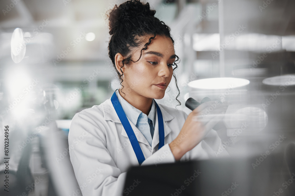 Sticker microscope, woman and research of lab study with healthcare, scientist and clinic work. analysis, ba