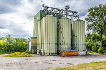 Grain silos with seeds cleaning line on agro-processing manufacturing plant for processing, drying, cleaning and storage of agricultural products