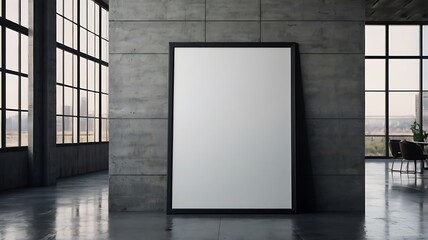 an empty poster frame in a modern office interior on a concrete wall with natural light from windows concept of advertising space mock up