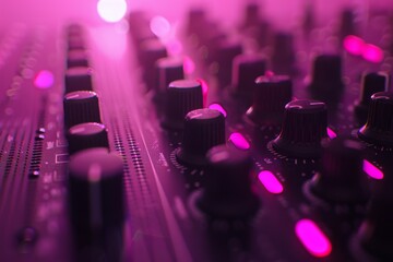 Fototapeta premium Close Up of DJ Mixing Console with Illuminated Control Knobs and Vibrant Pink Lighting in a Nightclub Setting