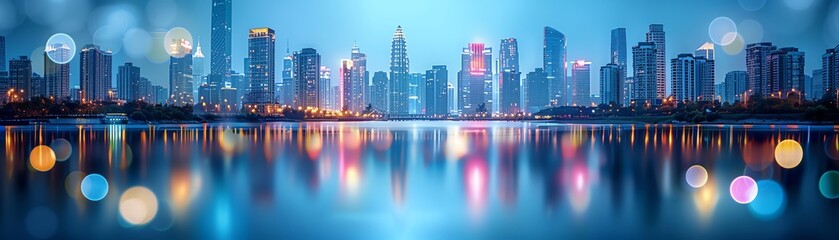 Fototapeta premium City skyline reflection in water with bokeh lights.