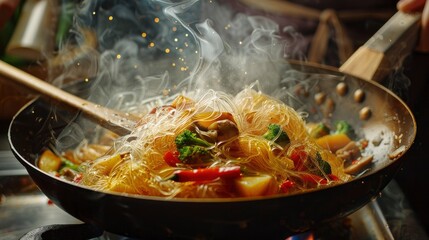 Photo Of A Chef Stir-Frying A Set Of Food Ingredients And Glass Noodles In A Hot Pan, Cooking In Progress