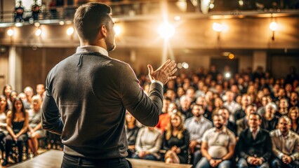 "Inspiring Speaker on Stage, Crowd Blur"
