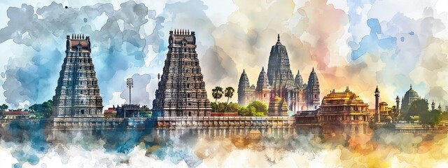 Watercolor panorama of iconic temples for tamil nadu day celebration.