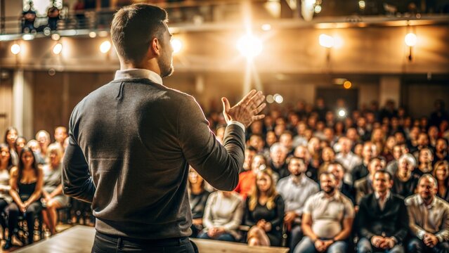 "Inspiring Speaker on Stage, Crowd Blur"

