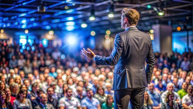 "Inspiring Speaker on Stage, Crowd Blur"
