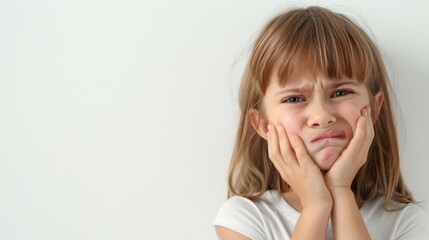 Fototapeta premium A kid with a toothache, holding their cheek in pain