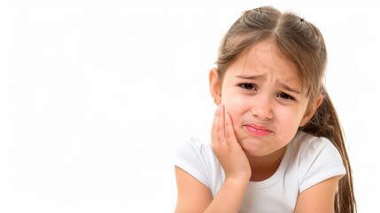 A girl with a toothache, holding their cheek in pain