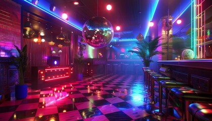 Obraz premium Vibrant 70s Nightclub Interior with Shimmering Disco Ball and Neon Lights