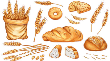 A collection of bread and other baked goods isolated on a transparent background