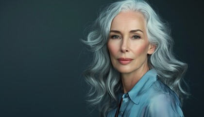 Fototapeta premium Beautiful 60-Year-Old Woman with Graceful Demeanor, Shoulder-Length Softly Curled Silver Hair Framing Face