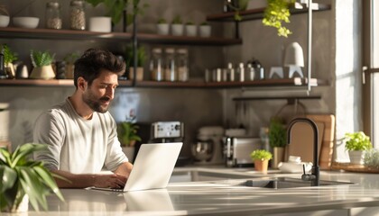 Fototapeta premium Focused Man Working on Laptop in Modern Kitchen with Shelves in Background