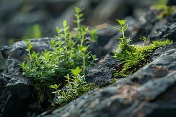 Obraz premium `Close up of small plants growing on the rocks, moss and ferns with green leaves. Nature photography with professional color grading and a shallow depth of field. Taken with a Nikon D850 DSLR camera a