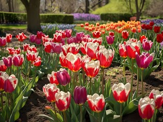 Amidst a tranquil garden, a symphony of tulips dances in the gentle breeze, their vibrant hues of pink, purple, red, and white painting a picturesque scene of springtime bliss.