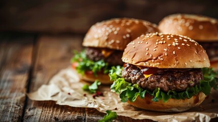 Junk Food: Homemade Beef Burgers On A Vintage Wooden Background, A Classic Comfort Food