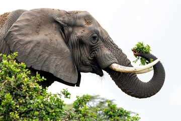 close up of an elephant's trunk and tusks, eating leaves from the top of bushes in African savanna landscape, white sky background, high quality photo realistic portrait 