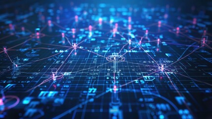 Blockchain network failure with disconnected nodes, cybernetic tone, complementary color scheme, front view, representing system breakdown