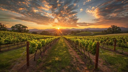 The peacefulness of a sunset over a vineyard, the sky turning golden as the sun sets behind rows of grapevines, creates a picturesque and tranquil scene.