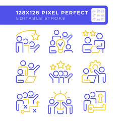 Team cooperation two color line icons set. Team members interaction bicolor outline iconset isolated. Team achievement. Problem solving. Brainstorming. Duotone pictograms thin linear. Editable stroke