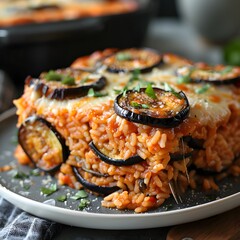Close Up of Eggplant and Rice Casserole on Plate