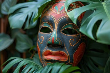 traditional colorful red ethnic face mask on green jungle leaves blured background. ai generative