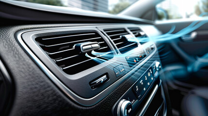 Naklejka premium A close-up view of a cars air conditioning vent with cool air flowing out of it, creating a refreshing and inviting atmosphere inside the vehicle