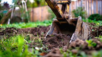 Fototapeta premium A close-up shot of an excavators bucket digging into the rich soil of a backyard, with lush green grass surrounding the area