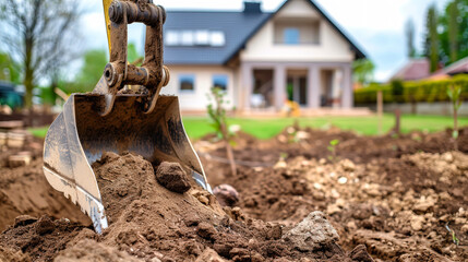 A close-up of an excavator bucket filled with dirt, being used to dig a trench in front of a new house under construction