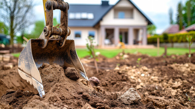 A close-up of an excavator bucket filled with dirt, being used to dig a trench in front of a new house under construction