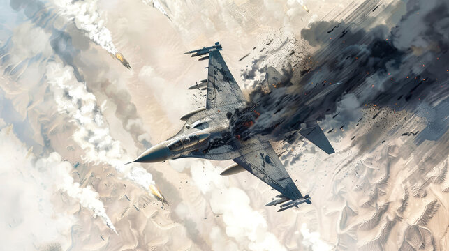 A fighter jet ascends through the air, leaving a trail of smoke and debris in its wake