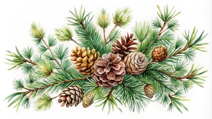 Fototapeta premium Elegant watercolor design featuring pine branches with pine cones in various shapes and sizes isolated on a clean white background.