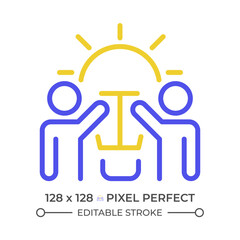 Generating ideas two color line icon. Teammates and lightbulb bicolor outline symbol. Creative thinking. Brainstorming. Duotone linear pictogram. Isolated illustration. Editable stroke