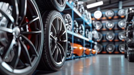 Fototapeta premium Close-Up View of Premium Sports Rims Stacked in Car Tire Store