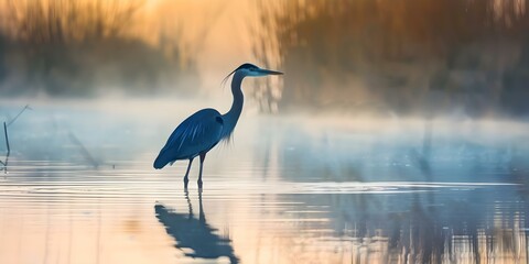 Naklejka premium Majestic heron silhouette in water peaceful and elegant wildlife scene. Concept Wildlife Photography, Heron Silhouette, Elegant Nature Scene