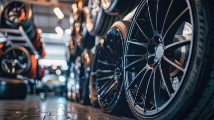 Fototapeta premium Close-Up View of Premium Sports Rims Stacked in Car Tire Store