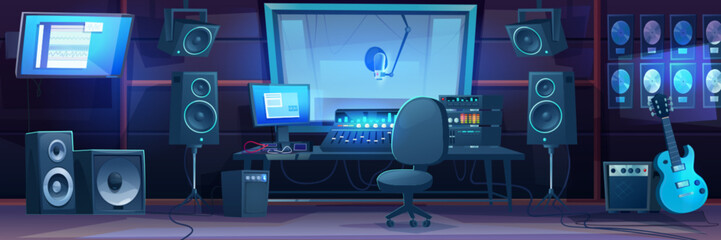Music record studio interior with mixer on desk and monitor, microphone in sound booth behind glass, speakers and guitar. Cartoon vector illustration of musician and dj workplace with equipment.