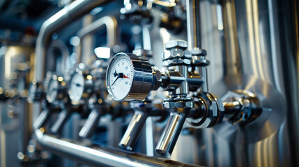 A close-up shot of a temperature sensor gauge in a brewery, showcasing the industrial equipment and intricate machinery used in the brewing process
