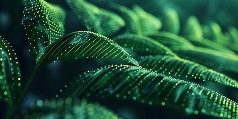 Abstract green lines in the form of palm leaves on a dark background with light dots, futuristic concept design for advertising or packaging products and services, 3d rendering, wide angle lens,