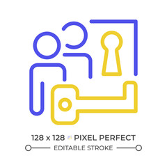 Problem solving two color line icon. Teammates with key and lock bicolor outline symbol. Overcoming obstacles. Unlock potential. Duotone linear pictogram. Isolated illustration. Editable stroke
