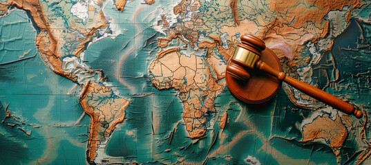 A wooden gavel rests atop a world map, symbolizing the global reach of law and justice