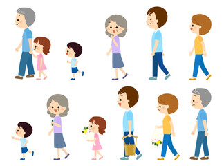 墓参りに行く笑顔の三世帯家族