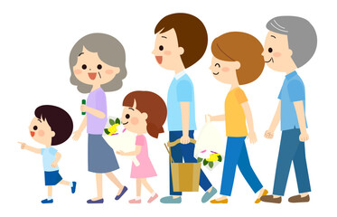 墓参りに行く笑顔の三世帯家族