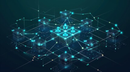 Obraz premium Robust blockchain infrastructure with interconnected nodes, cybernetic tone, complementary color scheme, front view, representing secure and scalable systems
