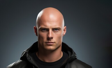 Obraz premium A bald man with a black jacket and a black shirt