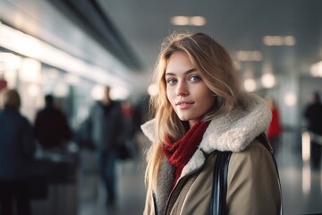 Obraz premium A woman wearing a scarf and a coat stands in a busy airport terminal