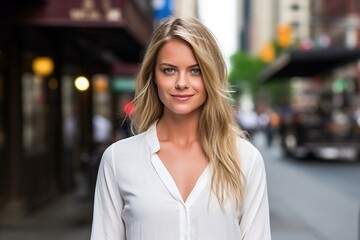 Obraz premium A blonde woman is standing on a city street, smiling for the camera