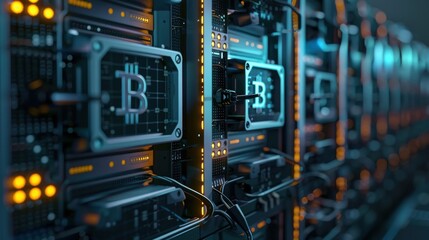 Secure blockchain transactions with encrypted nodes, cybernetic tone, complementary color scheme, front view, representing safe and reliable transactions